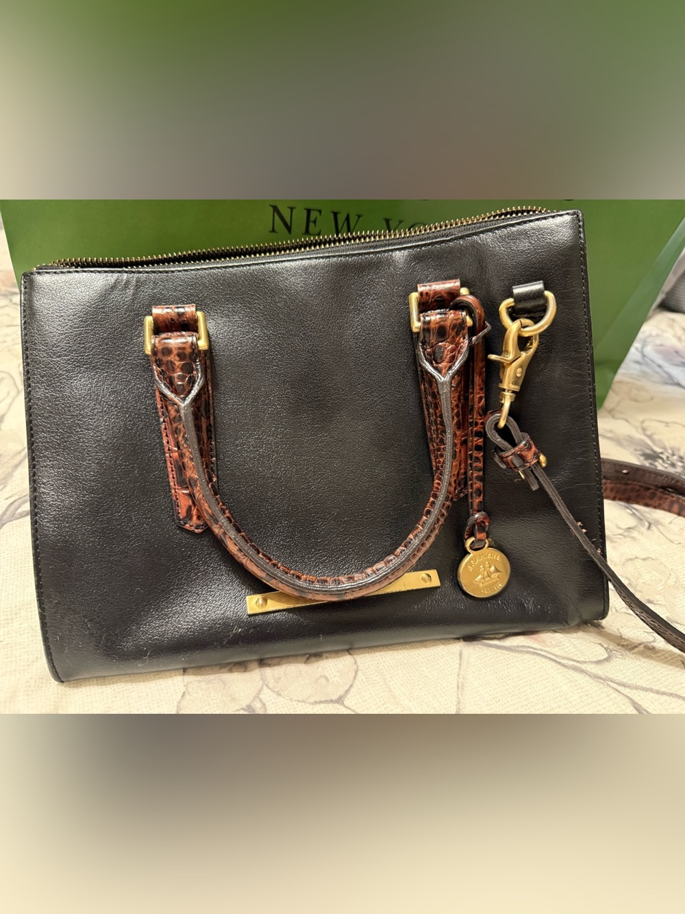 Brahmin Black Leather Tote with Brown Croc-Textured Handles